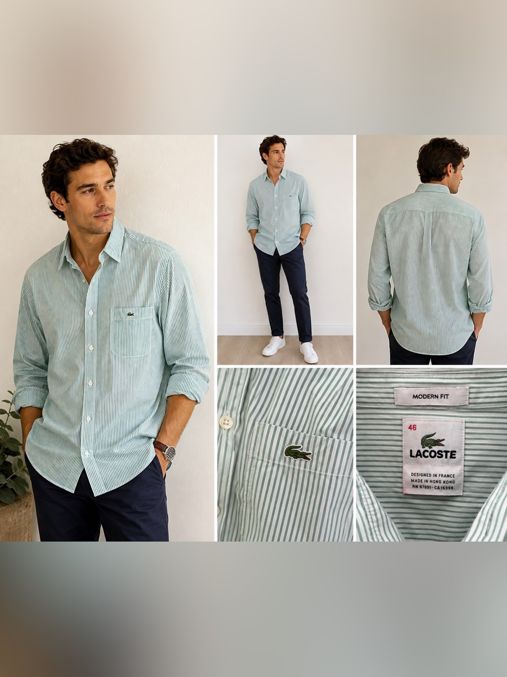 Lacoste Modern Fit Green White Striped Button Front Shirt Size 46 100% Cotton